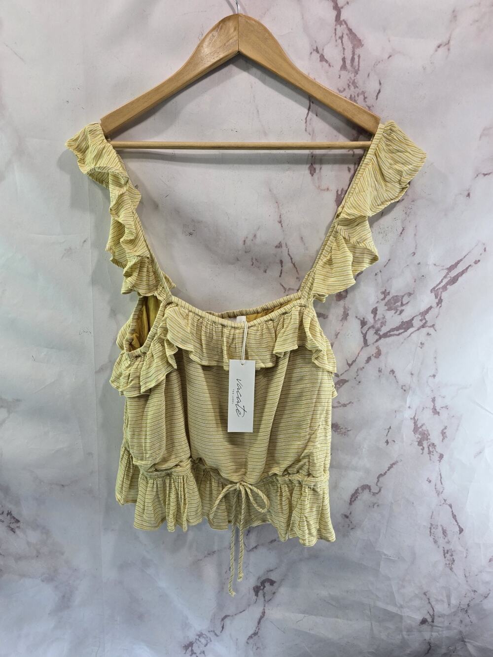 Vacate The Label Tank Top Womens Medium Yellow White Striped Ruffle Sleeve Crop